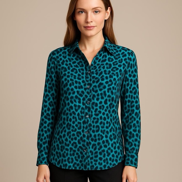 Chico's Tops - Chico's Fashionista Teal and Black Button-Down Long Sleeve Shirt Size 1 (Medium)
